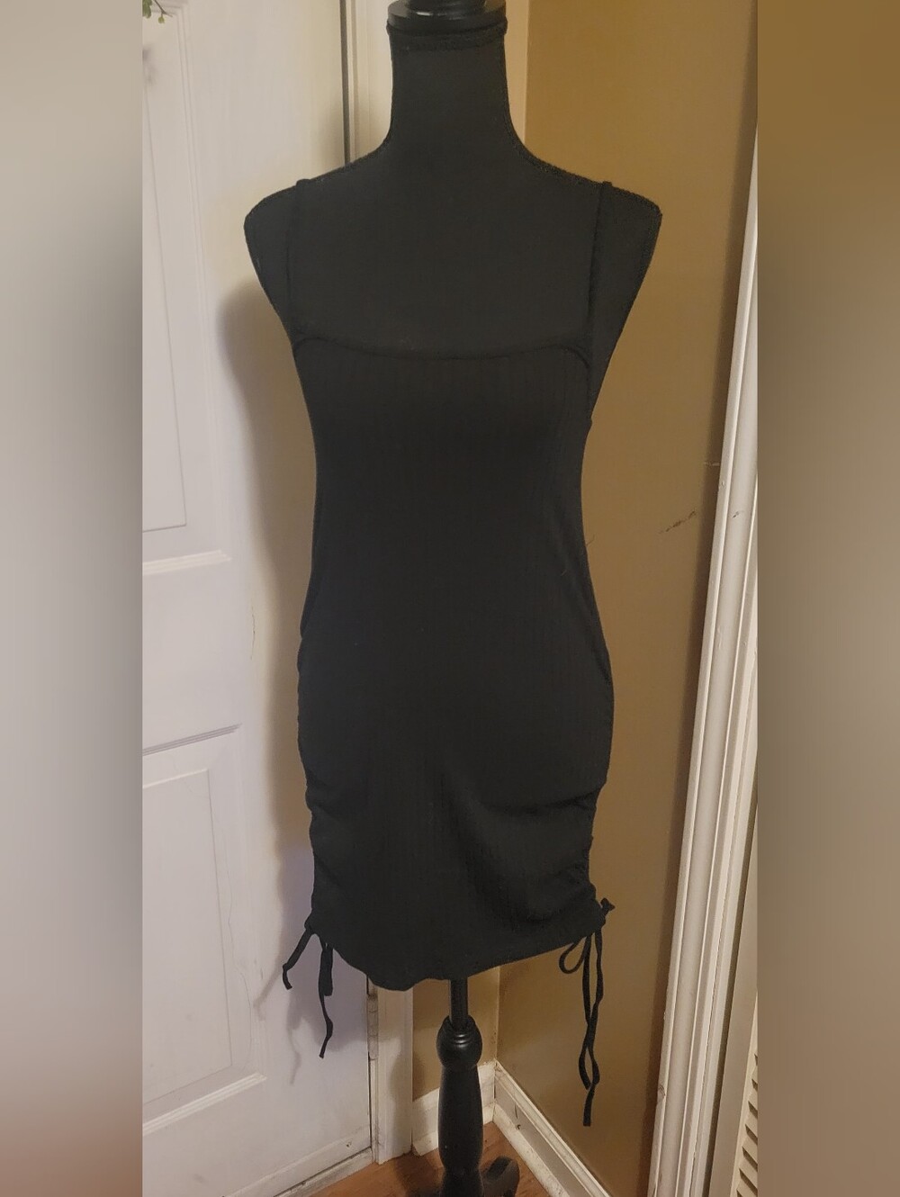 SHEIN Black Ribbed Mini Dress with Side Drawstrings, Size Small